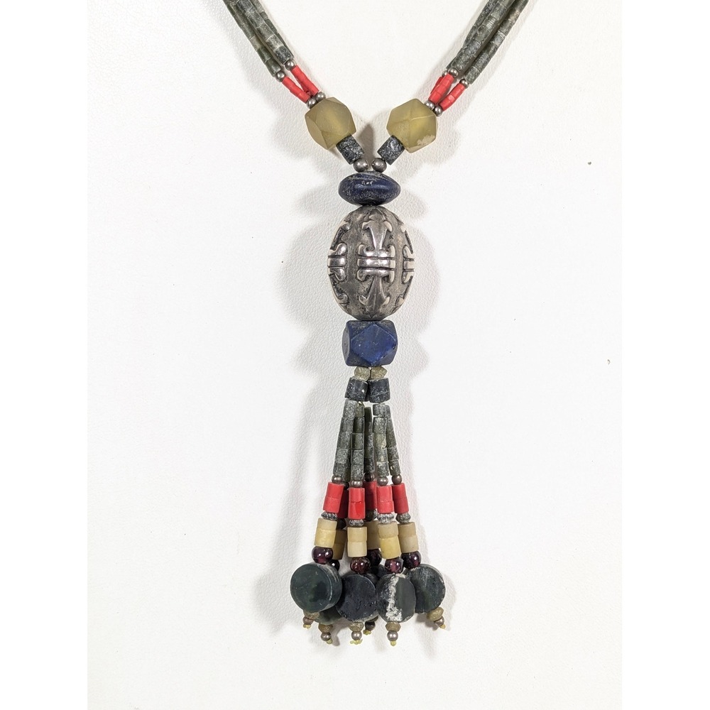 Boho Tassel Necklace Stone Look Beads Red Black Tribal Statement 18" Artisan